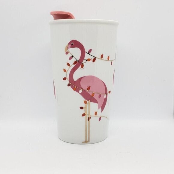 David's Tea Twisted Flamingo Christmas Ceramic Travel Cup Mug - Picture 1 of 5